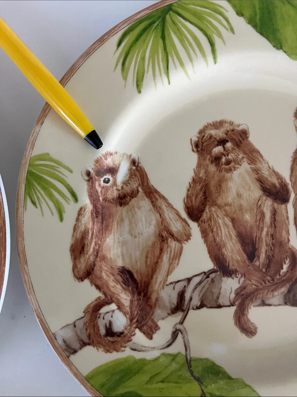 American Atelier Three monkeys porcelain salad plates hear see speak no evil 8”
